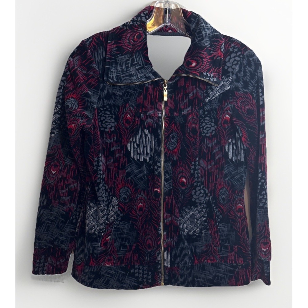VTG Style&co Sport Velour Full Zip Track Jacket SzS Peacock Print Red Black Gre‎